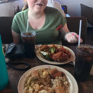 egg rolls,  chow mein, fried rice , sweet and sour pork , and beef broccoli and chicken thigh.