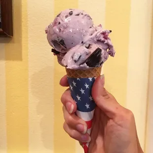 &quot;Grandpa&apos;s Blueberry Way&quot; Blueberry ice cream with blueberry and pomegranate swirl and dark chocolate flakes. Deliciousness!