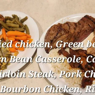 Fried chicken, grilled meat and veggies