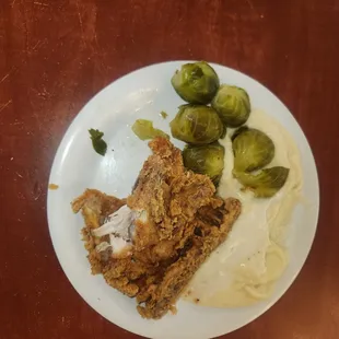 cold fried chicken, and runny cold mashed potatoes  sprouts were cold in the middle