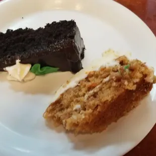 Chocolate and carrot cakes. Chocolate was dry, carrot was moist.