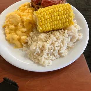 Meatloaf, corn on the cob, Mac and cheese, white rice