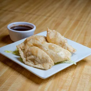 a plate of dumplings with dipping sauce