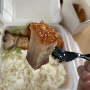 a hand holding a piece of meat over rice