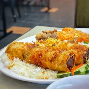 Broken rice with egg roll and shrimp paste