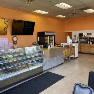 the interior of a donut shop
