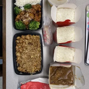 House Egg Foo Young, Fried Brown Rice, Sesame Chicken