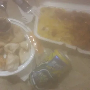 Complete meal; fried dumplings, pork fried rice and general tso's chicken and an iced tea