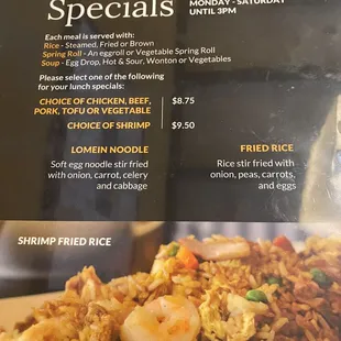 menu for lunch specials