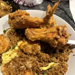 Shrimp fried rice and chicken wings