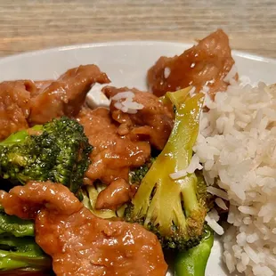 Beef and Broccoli. Juicy, tender beef and broccoli. It's deliciously savory and cooked perfectly. Comes with rice.