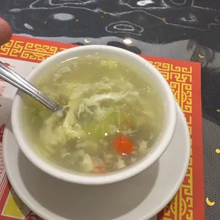 Good egg flower soup, with carrots celery and peas