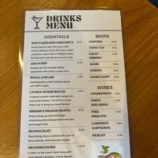 Drinks menu