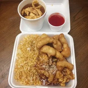 Combo w/ sweet and sour chicken, sesame chicken, and hot and sour soup
