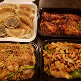 Pot stickers, golden dragon spicy wings, cashew chicken, Cantonese mei fun noodles....AMAZING!