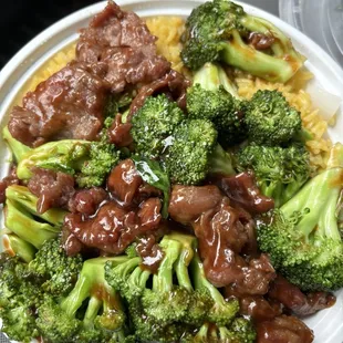Beef and broccoli lunch with fried rice.