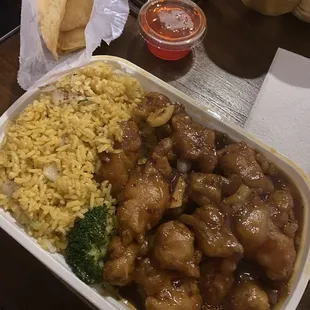 Orange chicken and crab rangoon