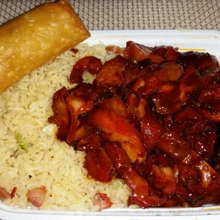 Bourbon chicken (XX Hot) Combo with fried rice and egg roll. Good flavor.