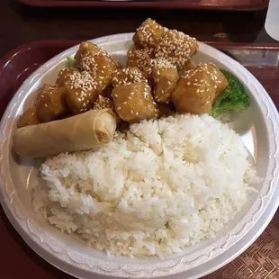 Sesame tofu with white rice and spring roll.