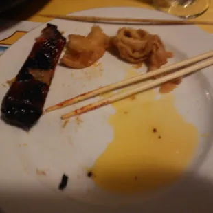 Few items from PuPu platter. YUCK! BTW - that yellow runny stuff was their rancid duck sauce!!!