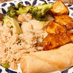 Vegetarian Delight (made Vegan), Vegetable Egg Rolls, Sesame Tofu (already vegan), Vegetable Fried Rice (made vegan)