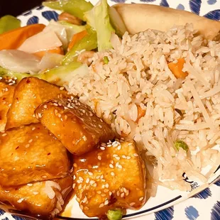 Sesame Tofu, Vegetarian Delight with Cashew (made vegan), Vegetable Fried Rice (made vegan), Vegetable Egg Rolls.