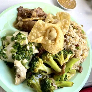 Dinner Plate Cold Ginger Chicken and Beef broccoli, sweet sour pork ribs, fried rice &amp; crispy won ton