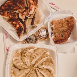 Chicken steamed dumplings, beef fried dumplings, fried onion cake