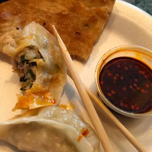 Shrimp Pork Veg dumpling and scallion pancake