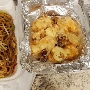 House chow mein, honey walnut prawns, orange chicken.