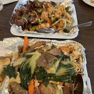 (Bottom) : Hong Kong style house chow mein with gravy  (Top) : salt and pepper spare ribs and chicken