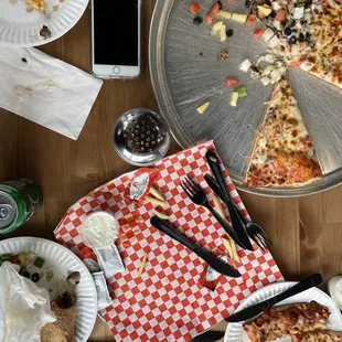 veggie pizza and cheese pizza and French Fries