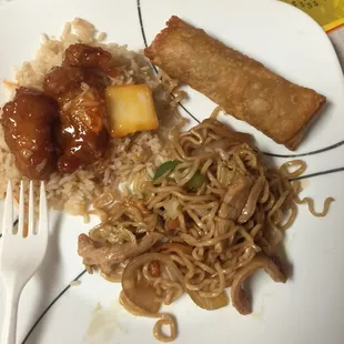 Chicken noodles, orange chicken and chicken egg roll