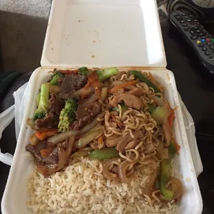 Mongolian beef, chicken chow mien and fried rice