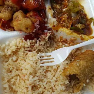 I have no idea what I got. I asked for spicy beef (R side). L side is sweet &amp; sour beef. Bland fried rice &amp; eggroll, fairly good.