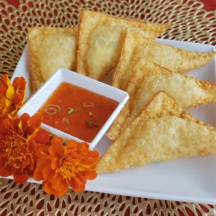 a plate of fried food with dipping sauce