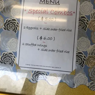 a menu for a special combo