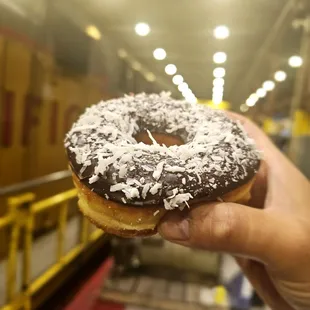 Beautiful early morning with this amazing chocolate covered coconut donuts.