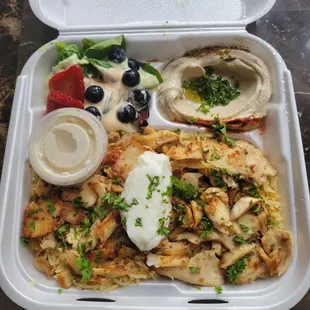 The chicken shwarma plate in the to go container