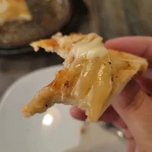 a hand holding a piece of pizza