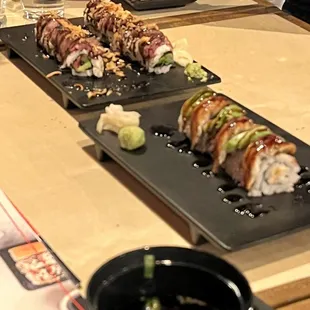 a sushi platter on a wooden table