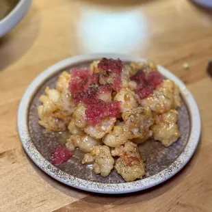 Fried rock shrimp - miso honey, pickled red onion, burnt scallion