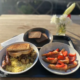Strawberry French Toast. Scrambled Eggs with Chicken Apple Sausage, Home Potatoes. Banana Nut Bread.