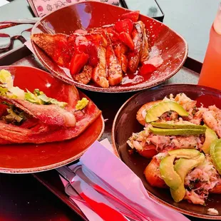 Strawberry French toast, bacon, and crab toast