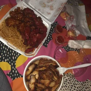 Left: half rice half chowmein with bbq pork &amp; orange chicken Right: rice teriyaki bowl. I love it!!