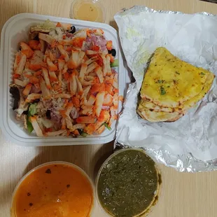 Golden Gate Special Bowl Salad + chicken with Italian dressing on the side. Chicken Korma Curry, Saag curry, Garlic Naan.