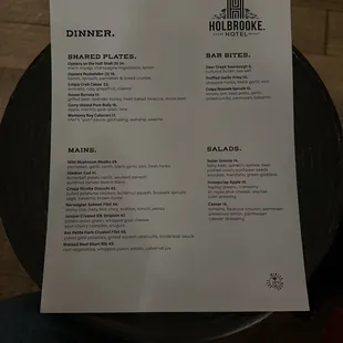 Valentine's dinner menu.