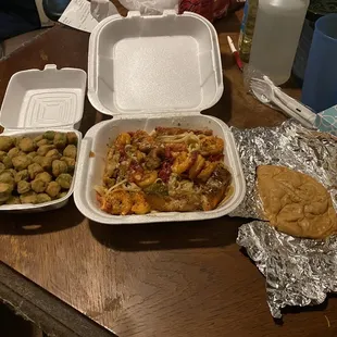 Shae (10 Shrimp) Over pasta, Parmesan cheese and tri color peppers w/ garlic bread.