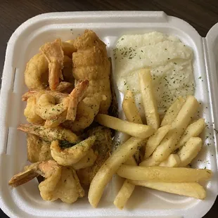 Fish &amp; shrimp, fries, and grits.