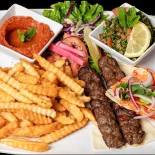 KOFTA KABOB PLATE WITH FRIES , TABOULI AND MUHAMMARA